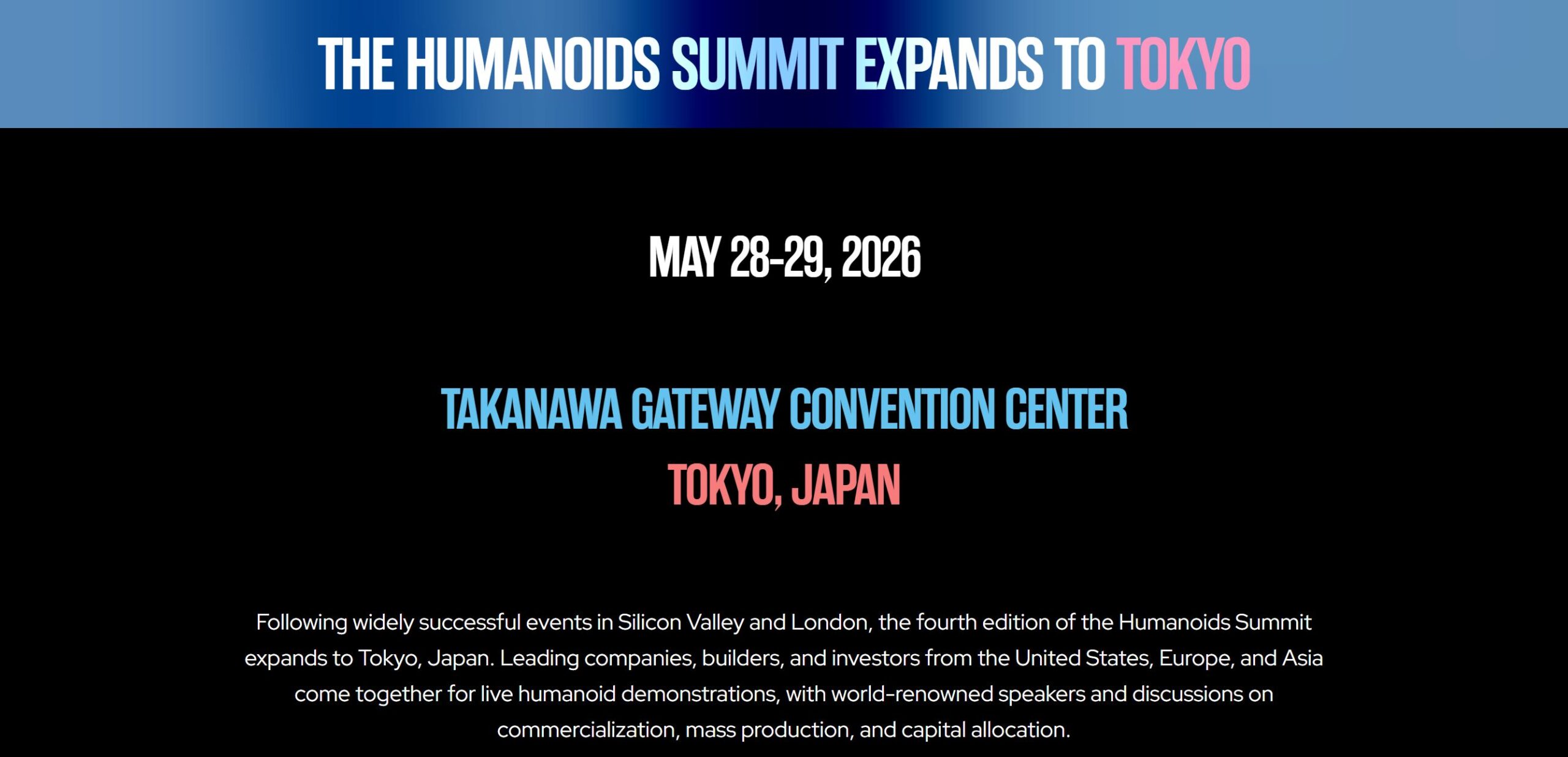 Humanoids Summit Tokyo 2026 海报——5月28-29日，东京 Takanawa Gateway Convention Center