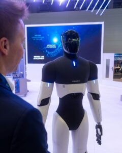Гуманоидный робот Neura Robotics на выставочном стенде, посетитель рассматривает его