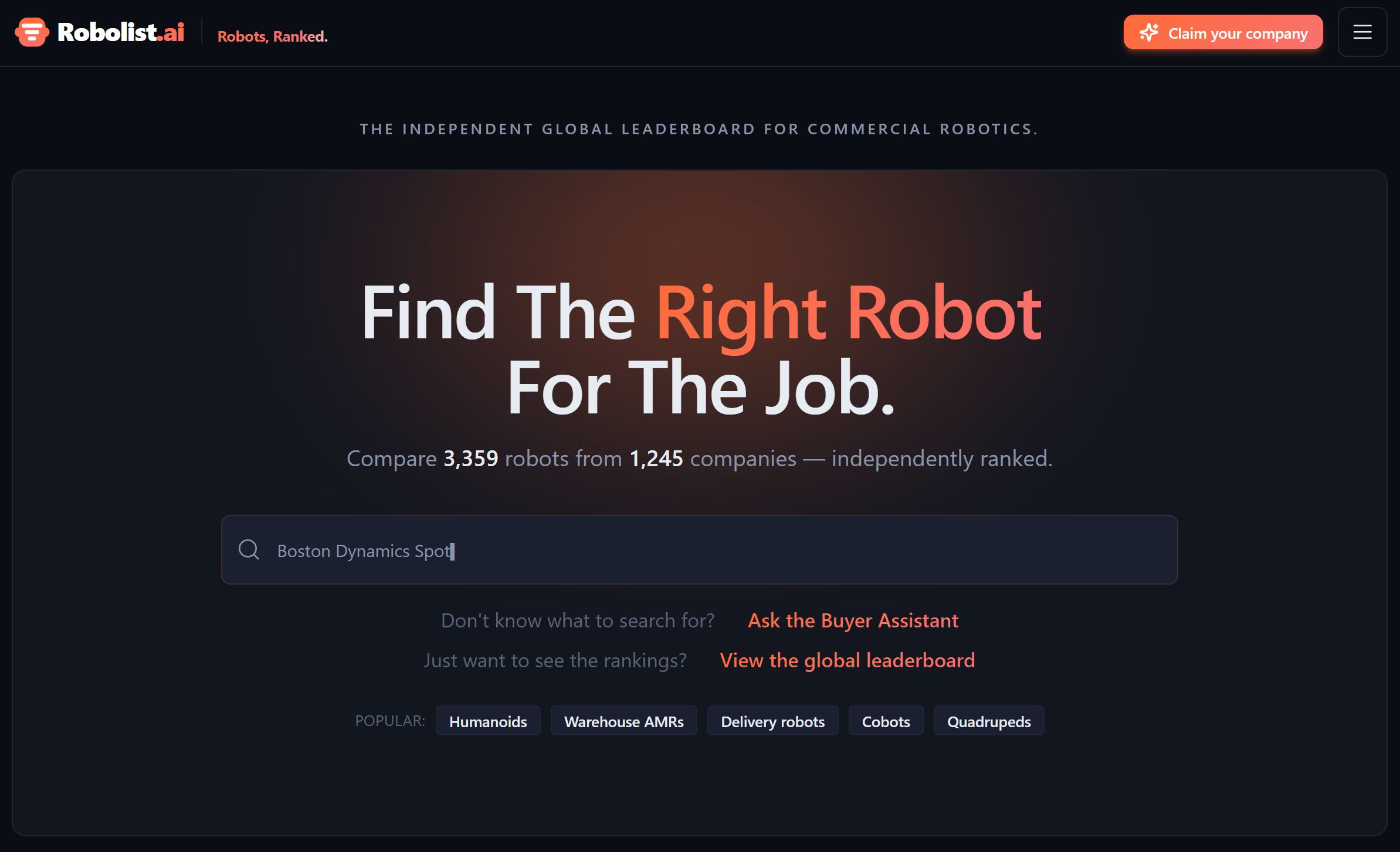 Robolist.AI 首页——独立的全球商用机器人排行榜